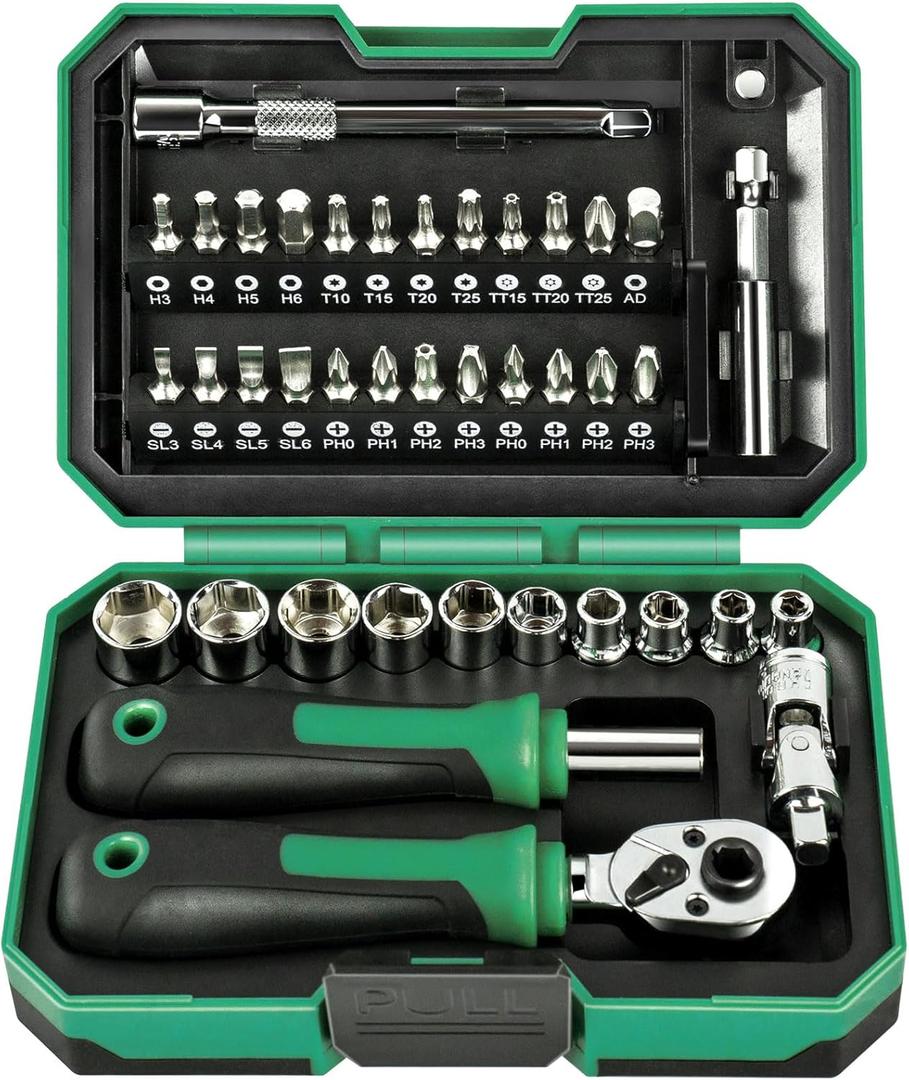 39PCS Ratcheting Wrench Set, Metric Shallow Mini Socket Set with Ratchet (4-13mm), 1/4 Mini Ratchet Screwdrivers Set Magnetic, Power Bits, Universal Joints, Spinner, Extensions, Storage Box