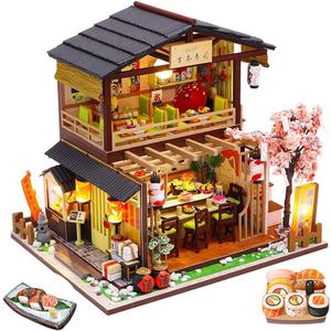 SYW DIY Miniature Dollhouse Kit with Furniture and LED LightJapanese Sushi Shop Wooden Dollhouse, 1:24 Scale Creative Doll House Toys for Teen