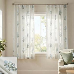 Floral Curtains 63 Inch Length for Living Room Bedroom, Blue Green White Pattern Linen Semi Sheer Light Filtering Pinch Pleated Drapes 63 Inches Long 2 Panels Set