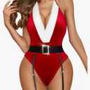 RSLOVE Christmas Costumes for Women Sexy Red Teddy Bodysuit One Piece Santa Babydoll With Belt, M