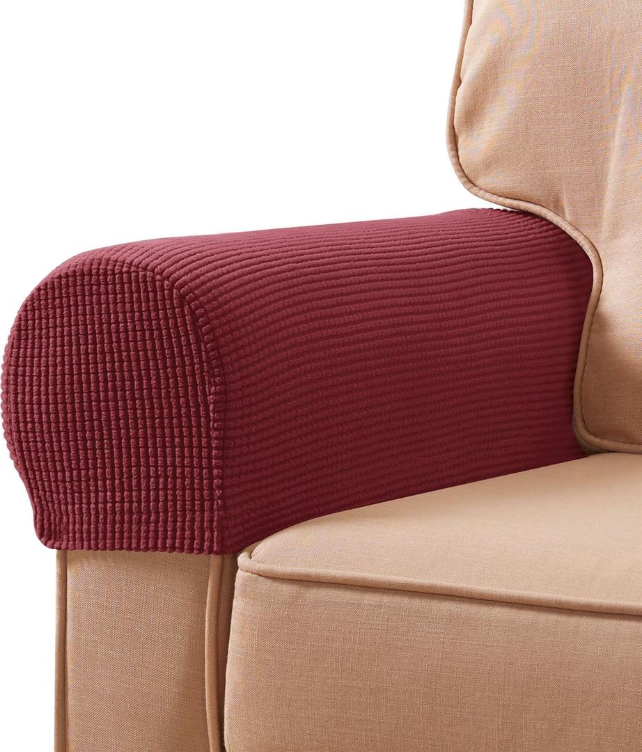 SUBRTEX Stretch Couch Arm Covers Set of 2, Checkered Sofa Arm Slipcovers, Anti-Slip Armrest Covers for Recliner and Armchairs, Pet Proof, High Stretchy, Hook & Loop Tape, Wine