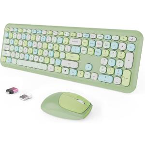 Wireless Keyboard and Mouse Combo, Colorful Ergonomic Full Size Retro Low-Noise Keyboard with Cute keycaps, Compatible with Windows, PC, Perfer for Home and Office Keyboards (Green) (Verdant Green)
