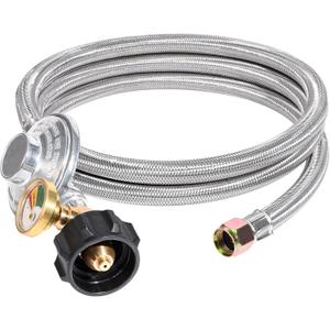 DPB 6 Ft Propane Regulator Stainless Steel Braided Hose with Propane Tank Gauge and 3/8" Female Flare Nut for QCC1 LP Gas Grill, Heater and Fire Pit Table (Stainless Steel, 6Ft)