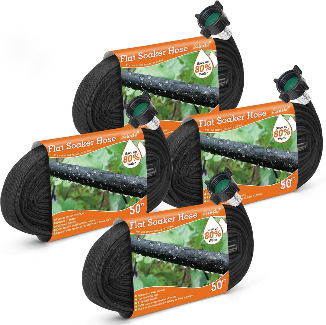 AIODE Flat Soaker Hose 200FT (50FT 4Pack) for Garden Beds Drip Hose Heavy Duty Save 80% Water for Vegetable Tree (200FT)