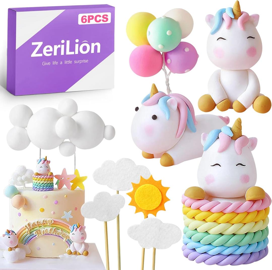 Rainbow Unicorn Cake Decor Set with Clouds and Balloons, Non-Edible Party Decorations for Birthday Celebration