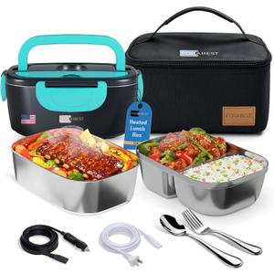 FORABEST Heated Lunch Box - 80W Electric Lunch Box - Portable Food Warmer with 2 Stainless Steel Containers 1.5L, Carry Bag & Leakproof Lid - 12V/24V Car/Truck & 110/220V Home/Office - Neon Blue
