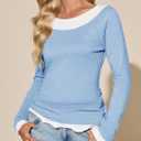 Tankaneo Womens Long Sleeve Shirts Crewneck Patchwork Casual Fitted Tunic Tops Ruffle Lightweight Outfits (Blue)