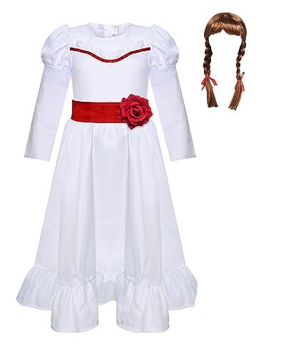 Occipa Horror Costume Adult Kids Long White Dress with Waistband Wig Full Set for Halloween (X-Large, Kids + Wig)