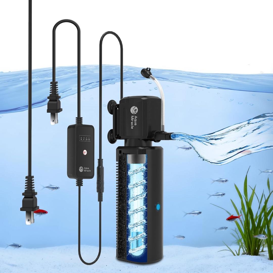 AquaMiracle Fish Tank Filter with Timer & Filter Sponge, 130GPH U - V Aquarium Filter with Aeration & Rainfall Modes, Effective Turtle Filter for Green Water Control (10-30 Gal Tank)