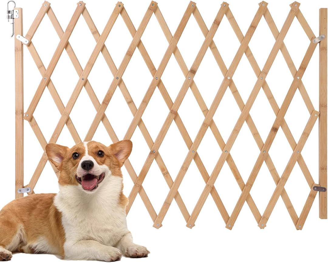 Expandable Accordion Dog Gate, Wooden Accordian Expansion Dog Gates for Doorway Stairs, Retractable Gate Safety Protection for Small Medium Pets Dogs, 8" to 42" W, 28.7" H