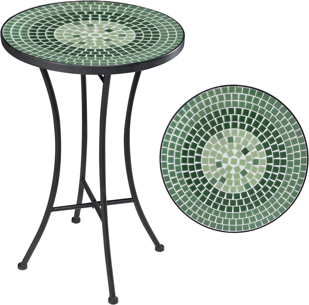 Vipush Mosaic Outdoor Side Table, 14" Round Folding Plant Stand for Patio Garden Backyard Balcony Porch Indoor Accent End Table for Living Room, Ceramic Tabletop with Black Iron, Green