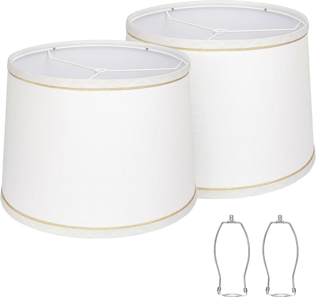 Lampshades Set of 2 for Table Lamps, Floor Lamps, Fabric White Lamp Shades 11.6" Top x 12.6" Bottom x 9.8" High, Drum Lampshades(Spider Fitter), Medium Lamp Shades Replacement, Easy Assembly Required (White with Brown Rim)