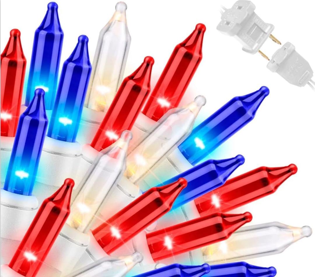 LAMPHOME 150 Count Red White and Blue Mini String Lights with White Wire,Connectable 31.9ft 120V Waterproof 4th of July Patriotic Incandescent Lights, Independence Day Lights for Outdoor Indoor Decor
