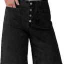 luvamia Bermuda Shorts for Women Jean High Waisted Trendy Patch Pockets Casual Summer Button Fly Stretchy Denim Shorts (Black, L)