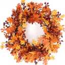 24" Fall Wreath for Front Door - Artificial Autumn Wreath with Realistic Maple Leaves & Berry Accents - Indoor/Outdoor Thanksgiving Decor for Wall, Window or Door