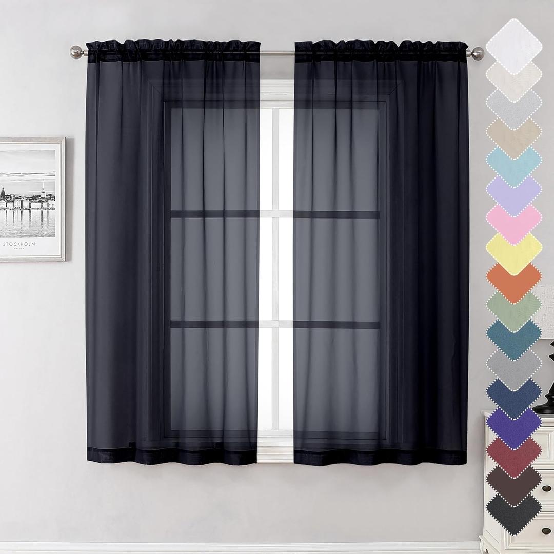 Lecloud Black Sheer Curtains 63 Inch Length 2 Panels, Elegant Voile Drapes for Small Windows, Light Filtering Curtains for Living Room Bedroom Dinning, Dual Rod Pocket, 40" W x 63" L
