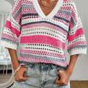 Acelitt Womens Short Sleeve Crochet Knit Sweater Hollow Out Striped Tops Beach Vacation Cruise Outfits (Pink, XS)