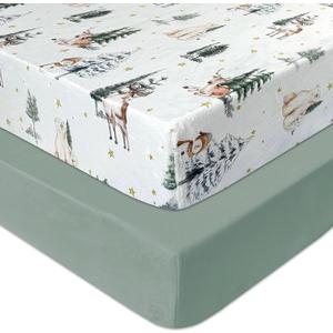 AMROSE 2 Pack Microfleece Crib Sheets, 28'' X 52'' Flannel Fleece Crib Fitted Sheets for Crib and Toddler Mattress Pad, Soft Comfy Warm Crib Sheets for Boys Girls, Winter Woodland