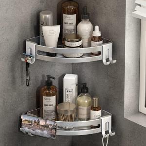 VOLPONE Shower Corner Shelf Caddy 2 Pack shower Organizer No Drill (glue mounting, no suction cup) Shower Storage Rust Proof Bathroom Corner Wall Shelf shampoo holder Silver