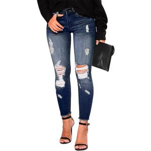 KUNMI Women's Skinny Ripped Trendy Jeans Distressed Stretchy Denim Pants (Size 12, Blue)