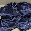 Ekouaer Silk Pajamas for Women Short Sleeve Sleepwear Soft Button Down Loungewear 2 Piece Satin Pjs Shorts Set (Large, Navy)