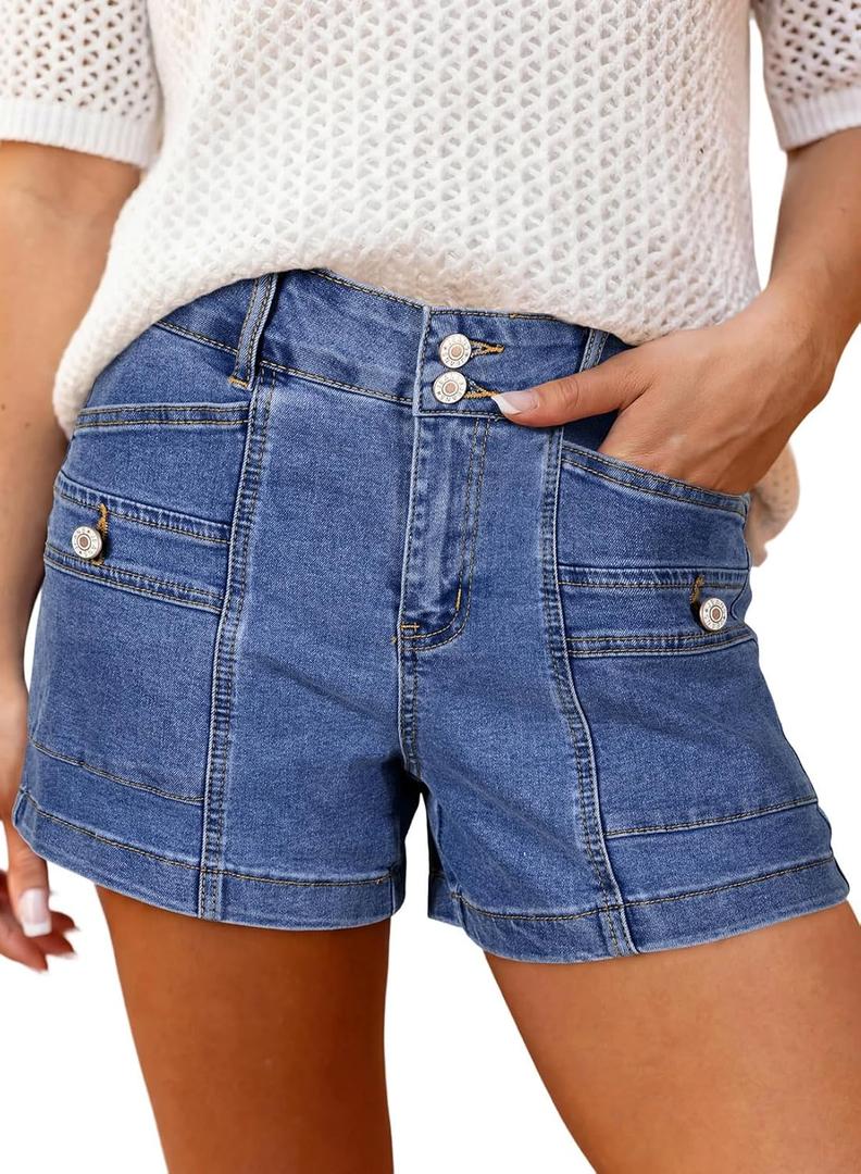 Astylish Women's High Waisted Shorts Jean Stretchy Casual Fashion Trendy Double Button Fly Denim Shorts (8, Dark Blue)