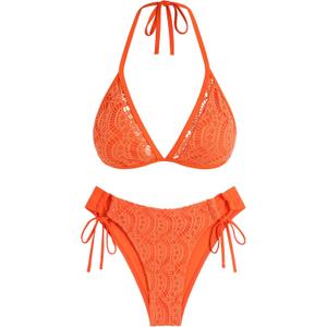 ZAFUL Women's Halter Triangle Bikini Set Crochet Boho Floral Swimsuit Cut Out Tie Side Two Piece Bathing Suit (Orange, S)