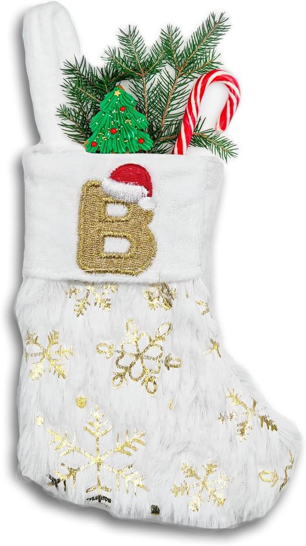 6 inches Initial Monogram Christmas Stocking with Embroidered Letters Personalized Small Plush Xmas Hanging Stocking with Sequin Snowflake for Holiday Tree Fireplace Decor (B-Letter, Gold)