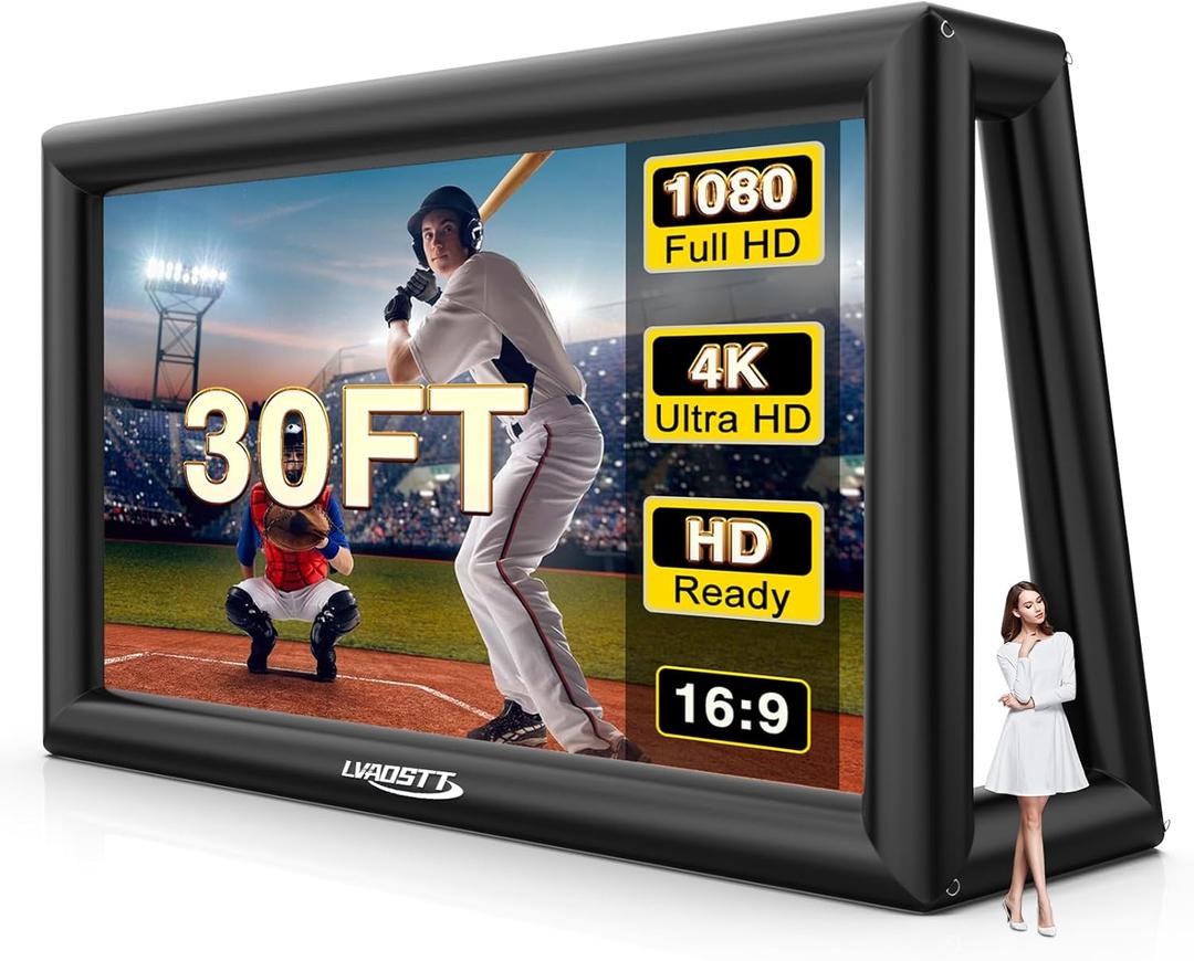 Inflatable Projector Screen, 30FT Blow Up Movie Screen Outdoor Projector, Easy Set Up One-Piece Design Front & Rear Projection with Air Blower for Outside Backyard Family Movie Night Pool Party