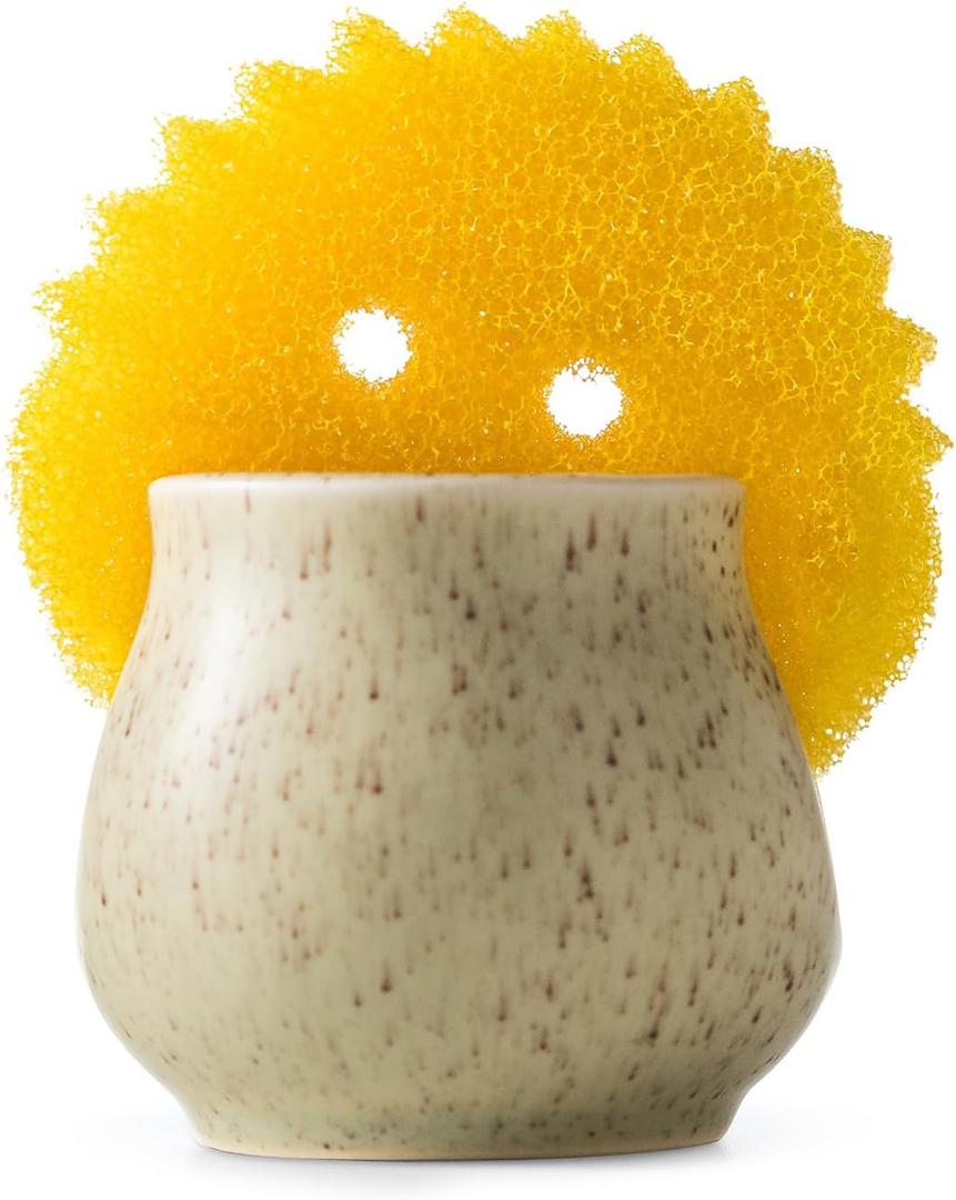 Zoeeker Ceramic Dish Sponge Holder, Sponge Caddy for Kitchen Sink Brush Organizer Scrub Dish Rack for Scrubbers, Bathroom, Sink, Yellow (Barrel-Type)
