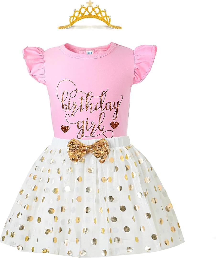 LYSMuch Girls Birthday Outfit Birthday Girls Shirt Princess Tutu Tulle Skirt Headband (5-6 Years, Pink)