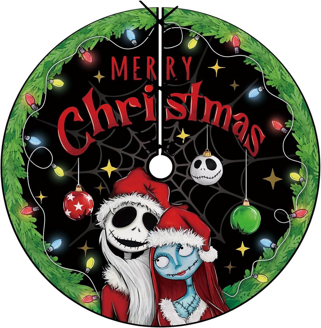 Fzbali Merry Christmas Tree Skirt 72 Inches Laceup Jack and Sally Artificial Black Green Extra Large Xmas Tree Skirt, Funny Holiday Party Indoor Decoration Home Decor