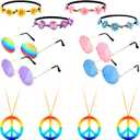 12 Pcs Hippie Costume Accessory Set 60s 70s 4 Pairs Hippie Sunglasses 4 Pcs Daisy Headband 4 Pcs Peace Sign Necklace