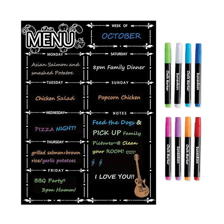 Magnetic Dry Erase Menu Board for Fridge Includes 6 Liquid Chalk Markers - Weekly Meal Planner Blackboard, Grocery List and Notepad for Kitchen Refrigerator - Chalkboard Magnet