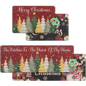 MJIAIDEA Christmas Kitchen Rugs Sets of 2, Red Christmas Tree & Black Santa - Snowman Double-Sided Print Kitchen Anti Fatigue Mat, Porch Decor Non Slip Door Mat 17x29 and 17x47 Inch