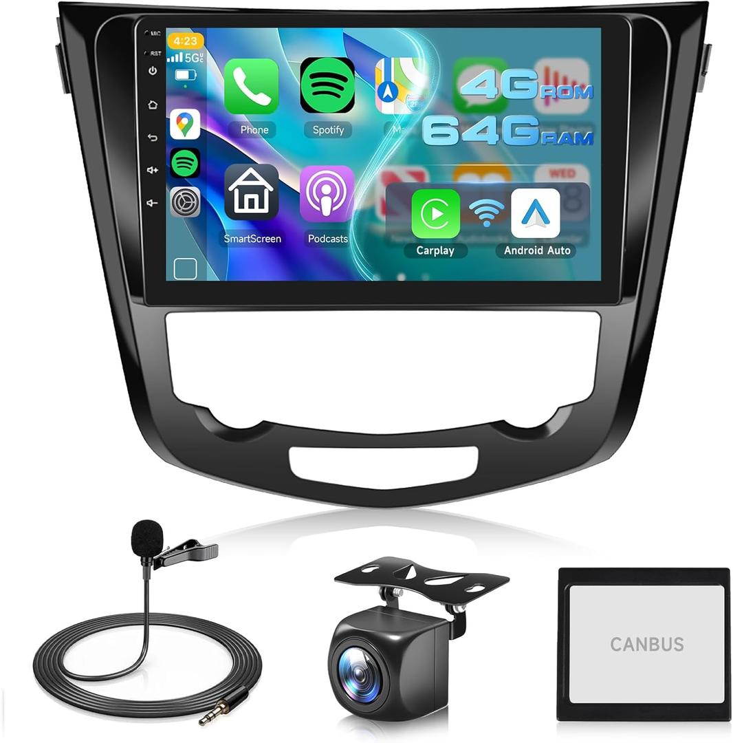 4G+64G Android Stereo for Nissan Rogue X-Trail Qashqai 2014-2018 Radio Upgrade 10.1 Inch Touch Screen Head Unit, Car Stereo with Wireless Carplay Android Auto GPS WiFi DSP Bluetooth FM RDS Backup Cam