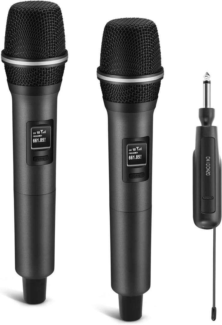 Wireless Microphones, Dual Handheld Dynamic Mic with Ultra-Stable Rechargeable Receiver | 200ft Freedom |Zero Dropouts | 40H Duration |Plug and Play| Karaoke Microphone for Singing, Meeting (Black)
