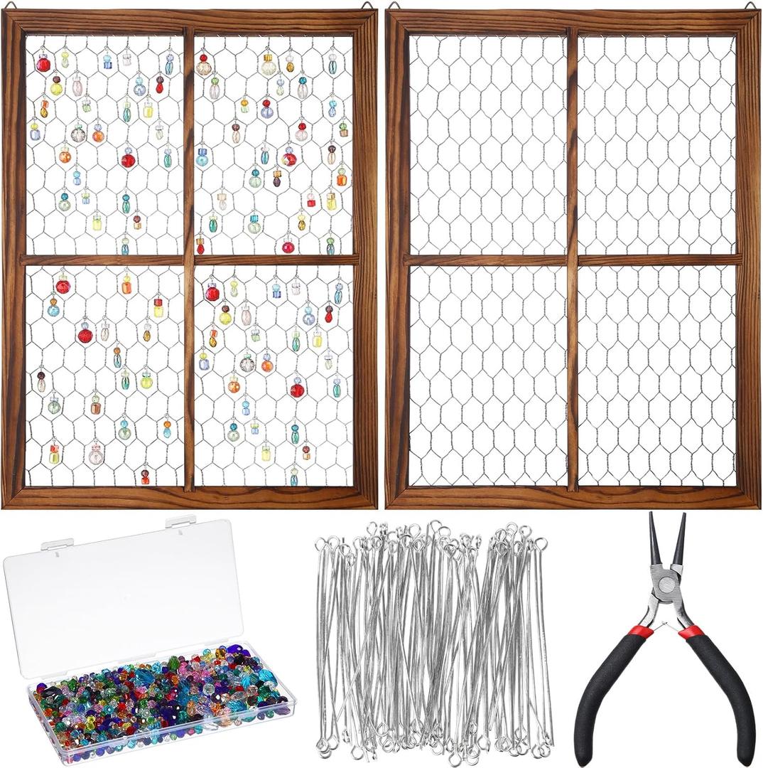 Chunful 2 Pack Chicken Wire Wood Frame Suncatcher with 1300 Rainbow Glass Beads Unfinished Wooden Frames for Crafts Photo Jewelry Window Hanging Decor Home Gift, Outer 16 x 12 INES(Coffee Brown)