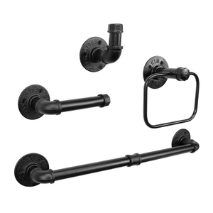 4-Pieces Industrial Pipe Bathroom Towel Ring Kit DIY Wall Mount Accessories Kit Includes Robe Hook Towel Bar and Towel Ring (18 inch) 