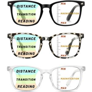Progressive Multifocus Reading Glasses 3 Pack Blue Light Blocking Lightweight Reader with Spring Hinge for Women Men (Black+Grey+Transparent)