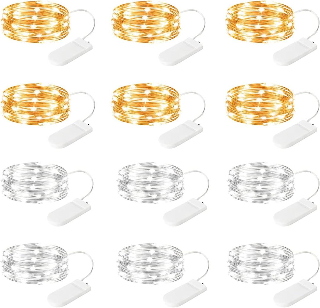 Brightown 12 Pack Led Fairy Lights Battery Operated String Lights Waterproof Silver Wire 7 Feet 20 Led Firefly Starry Moon Lights for DIY Wedding Party Bedroom (Warm White + White)