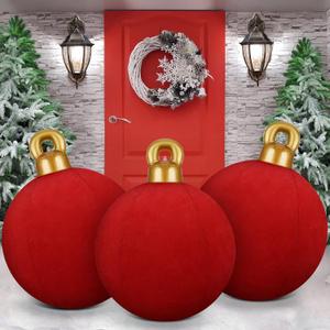Jetec 3 Pcs 32 Inch Giant Velvet Christmas Inflatable Balls Ornament Flocked Xmas PVC Inflatable Flocked Ball Ornaments for Christmas Holiday Outdoor Blow up Yard Decor(Red)