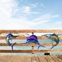 Metal Fish Wall Art Decor, 3-Piece Marlin Tuna Swordfish Set, Blue and Gold Tropical Ocean Theme Outdoor Wall Mother's Day Decor for Patio Garden Yard, Decorative Hanging Sculptures Mother's Day Decoration Gift