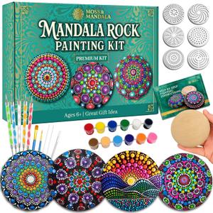 Mandala Rock Painting Kit  Mandala Dotting Tools Set - 5 Large Wooden Rocks + 6 Stencils + Acrylic Paints - Relaxing Arts and Crafts for Adults Women - DIY Hobbies Art and Projects Dot Art Kit