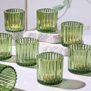 8pcs Large Green Votive Candle Holders, 2.95"2.95" Ribbed Green Candle Holder, Tea Lights Candle Holder for Wedding Decor, Table Centerpiece, Tea Party Decorations
