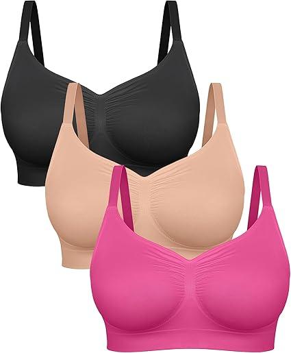 FeelinGirl Bras for Women Wireless Bralettes No Underwire Unlined Seamless Everyday Bras 3-Pack, Black/Nude/Pink, L