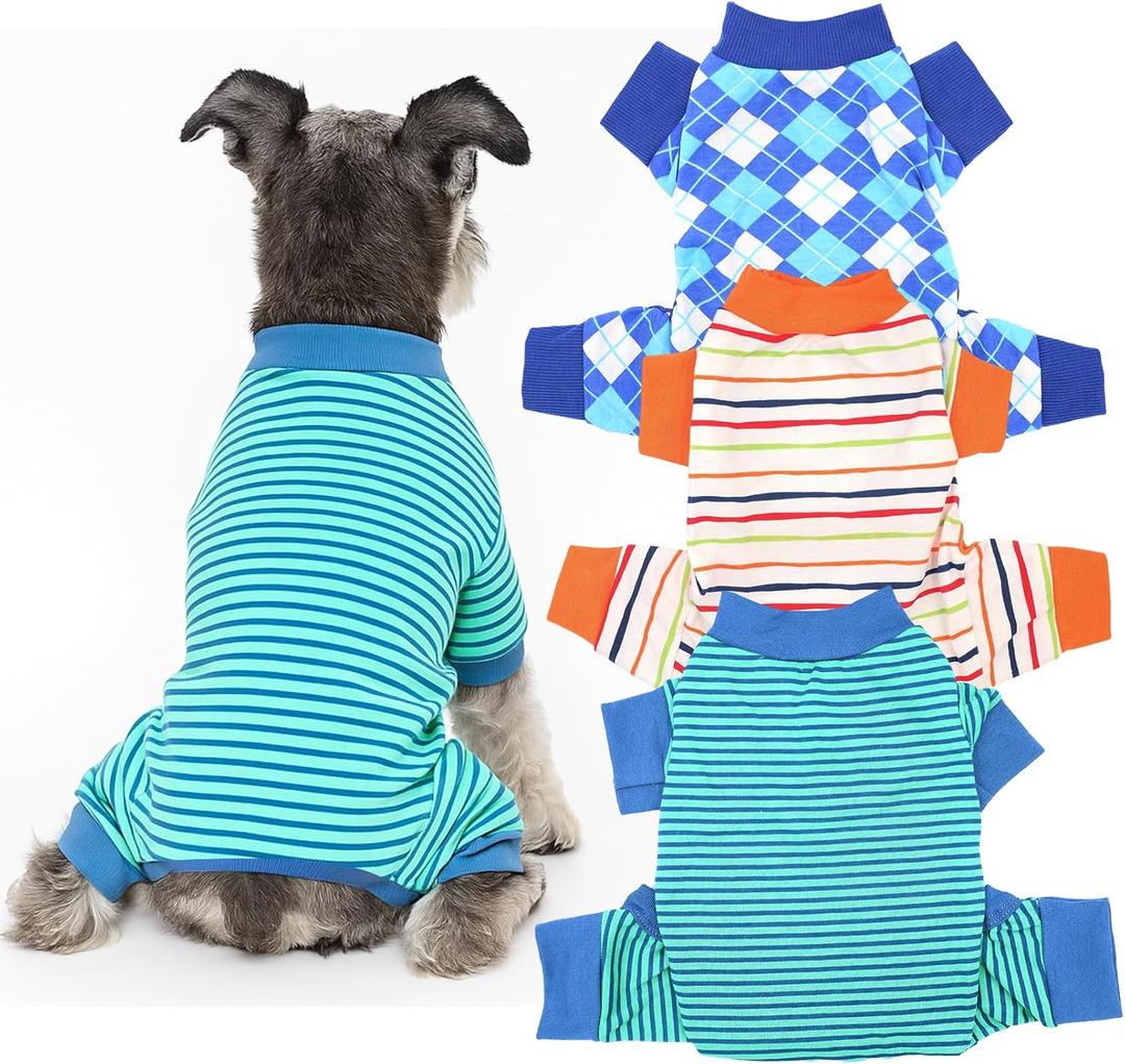3-Pack Dog Pajamas - Striped & Checkered Sleepwear for Small Dogs, Easy Snap Belly Design with Tail Opening L