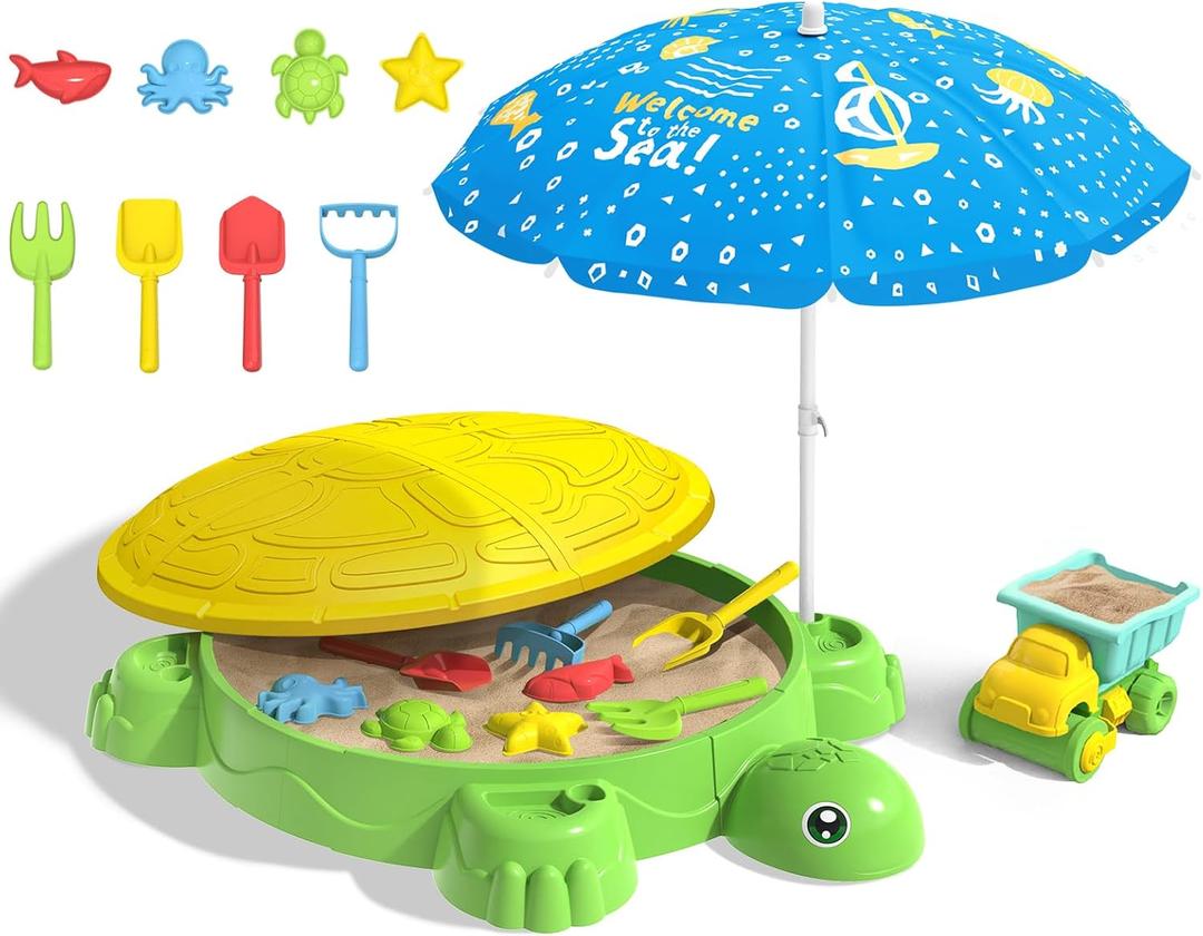 Turtle Sandbox with Lid & Adjustable Sun Umbrella, Sand Pit with Dump Truck, 8PCS Sand Mold and Shovel for Toddler 3-5, Outdoor Indoor Play Sands Activity Sensory Playset Backyard Gift for Boys