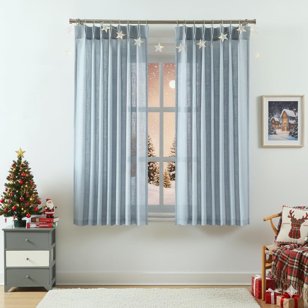 WEST LAKE Short Dusty Blue Bailey Pinch Pleated Curtains 63 Inches Long,Semi Sheer Linen Textured Living Room Bedroom Drapes,Farmhouse Light Filtering Back Tab Window Treatment,40" Wx63 L,2 Panels