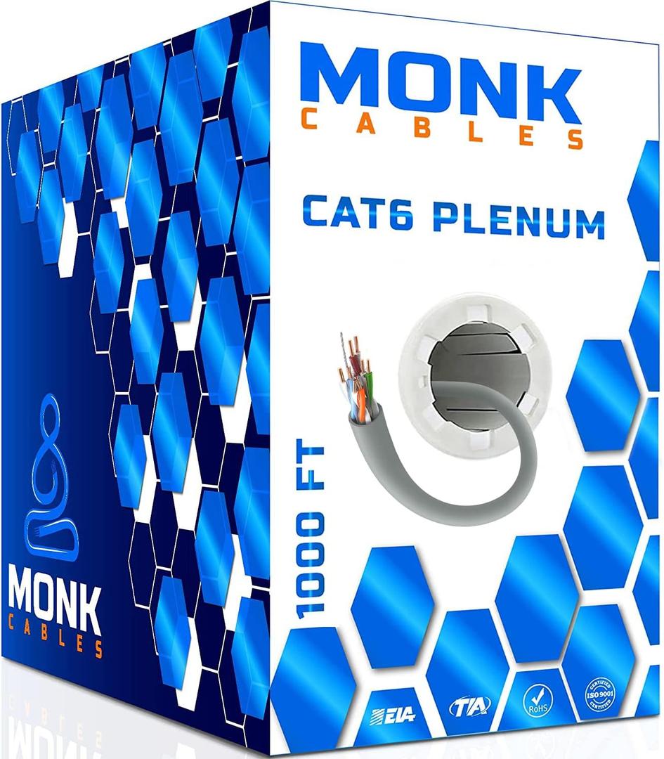 MONK CABLES | CAT6 Plenum Cable 1000ft | UTP, 23AWG, 550MHz | DSX-8000 Certified | Most Certified Cable of The Whole Market (Grey)